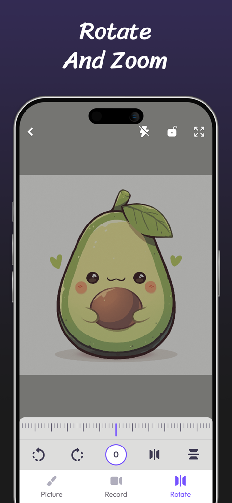 AR Drawing Paint Sketch Trace - Mobile app interface of AR Drawing showing a cute avocado character with rotate and zoom editing tools.