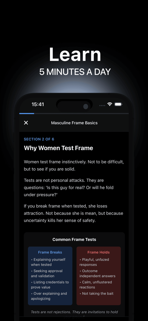Sauce: Learn to Flirt - Sauce app interface showing a lesson on masculine frame basics and dating advice