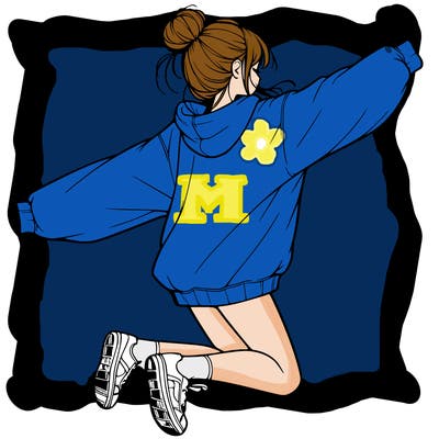 realistic girl jumping with a bun and oversized sweatshirt