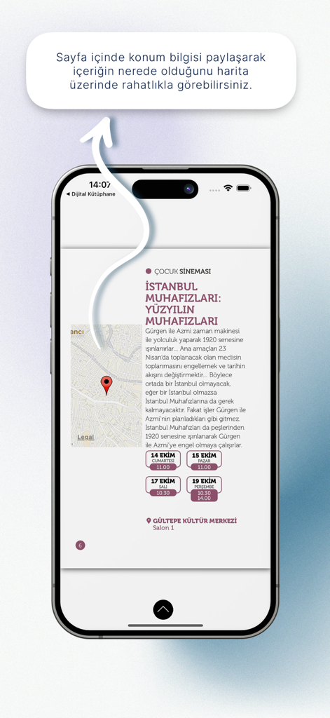 Dijital Kütüphane - Screenshot of the Dijital Kütüphane app showing event details with an interactive map and schedule