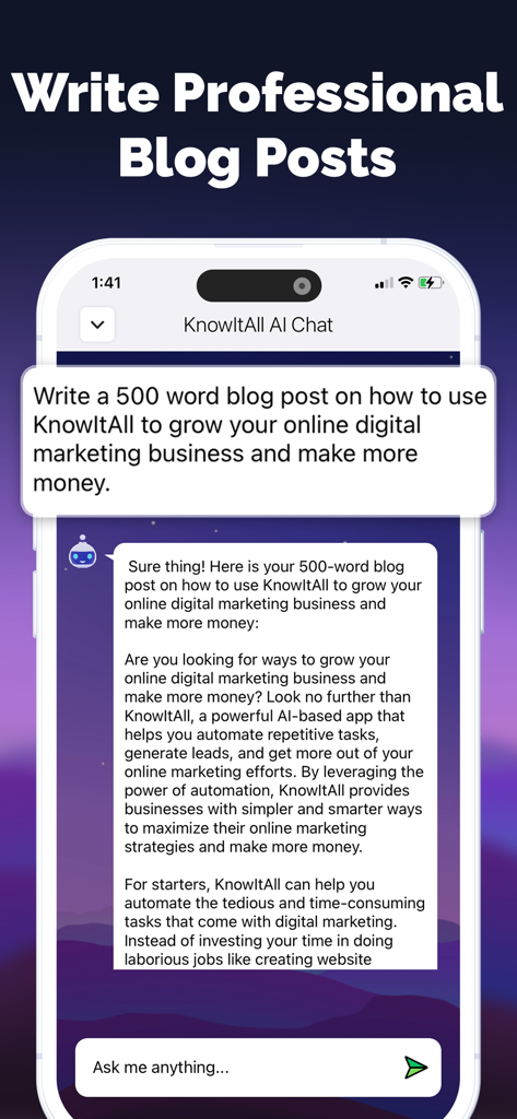 KnowIt AI chatbot interface generating a professional blog post about digital marketing