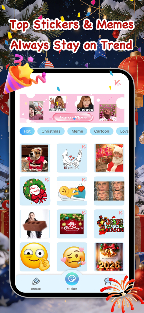 Meme Maker Pro-Stickers&Emoji - MojiLab app interface showcasing a gallery of trending stickers and memes for various categories like Christmas, love, and cartoons.
