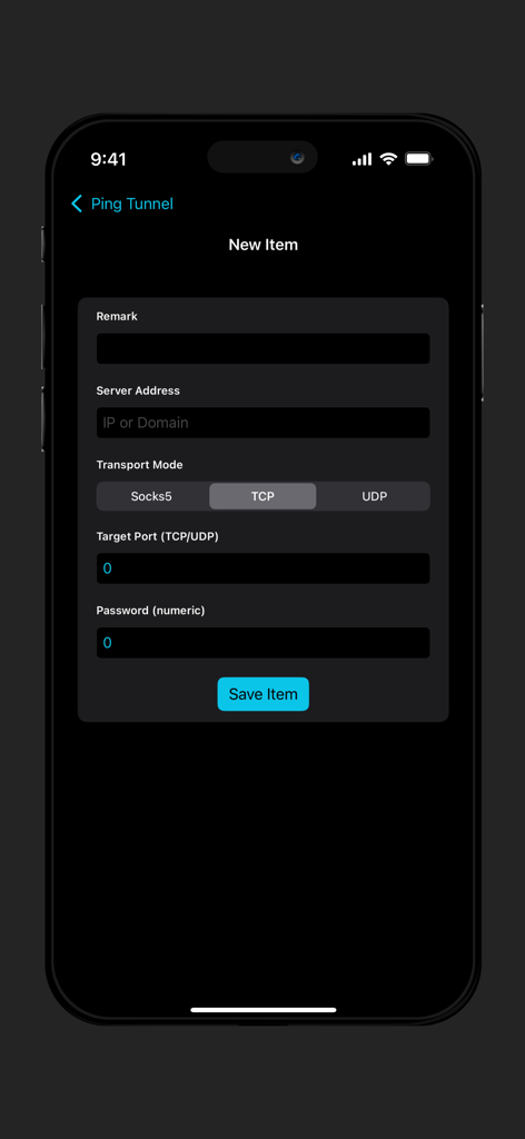 Ping Tunnel : VPN over ICMP - A configuration form in the Ping Tunnel app to create a new VPN tunnel including server address and protocol options.