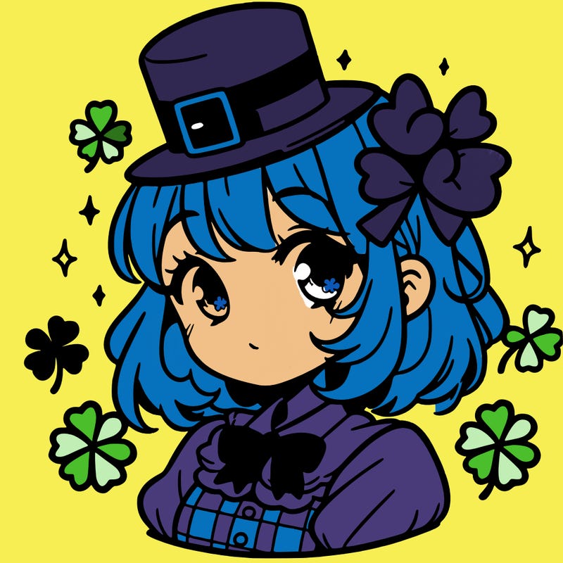 a manga-style girl with clovers around her, a little hat in her hair, like it's saint patrick's day
