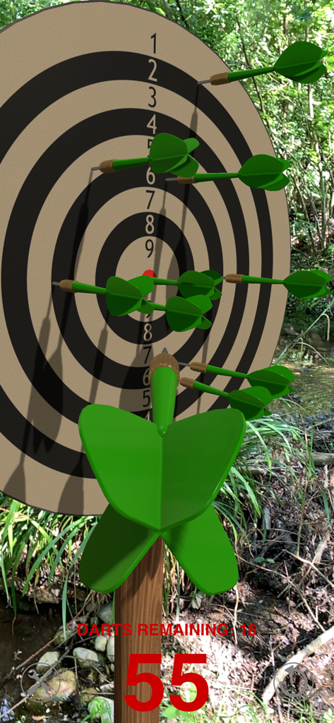 [AR] Darts - AR Darts game showing a target board with green darts in a forest environment