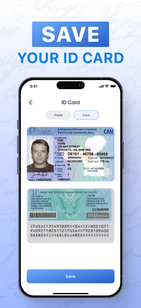 Interfaz de la aplicación eSign mostrando la función de escaneo y guardado de tarjetas de identificación