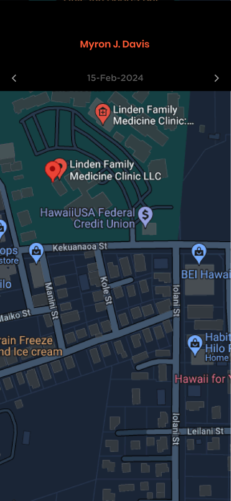 Family Locator - Find My Phone - Pantalla de la app Localizador Familiar mostrando el mapa y el historial de ubicación de una persona específica