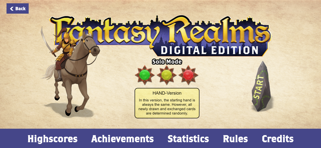 Fantasy Realms by WizKids - Fantasy Realms digital edition menu for solo mode featuring a warrior on a horse and game settings