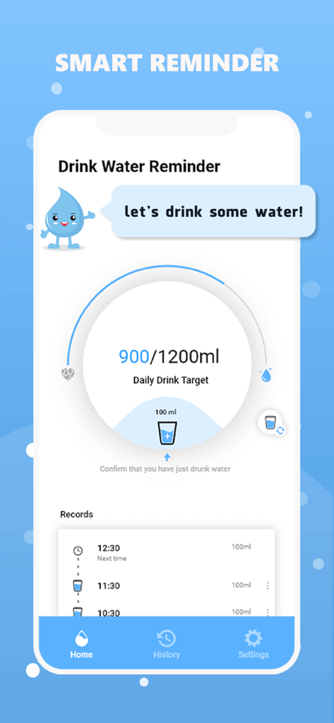 Drink water reminder - Bildschirm der Drink Water Reminder App mit einem Kreis für den täglichen Flüssigkeitszufuhr-Fortschritt und einer intelligenten Erinnerungsnachricht.
