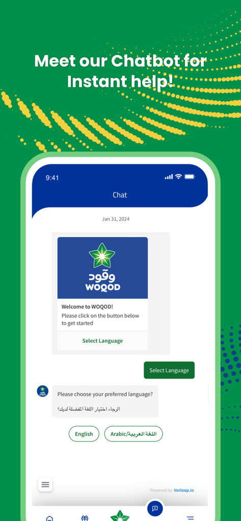 WOQOD mobile app chatbot interface for instant help and customer support