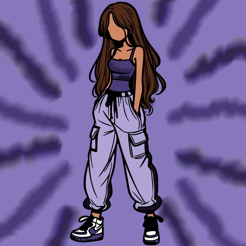 girl in baggy pants crop top and long hair