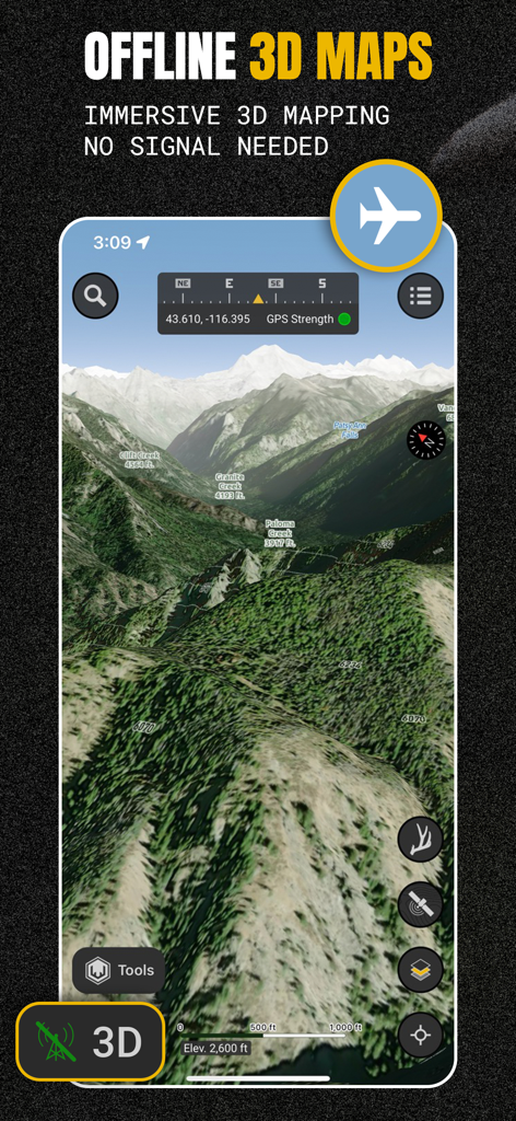 Scout To Hunt: Shed Hunt Maps - Scout To Hunt app showing an offline 3D topographic map of mountainous terrain for backcountry navigation