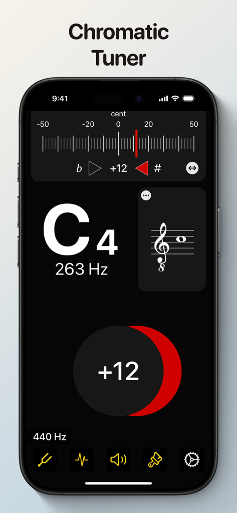 UniTuner Pro - Chromatic Tuner - UniTuner Pro chromatic tuner interface displaying note C4 with frequency and cent deviation details