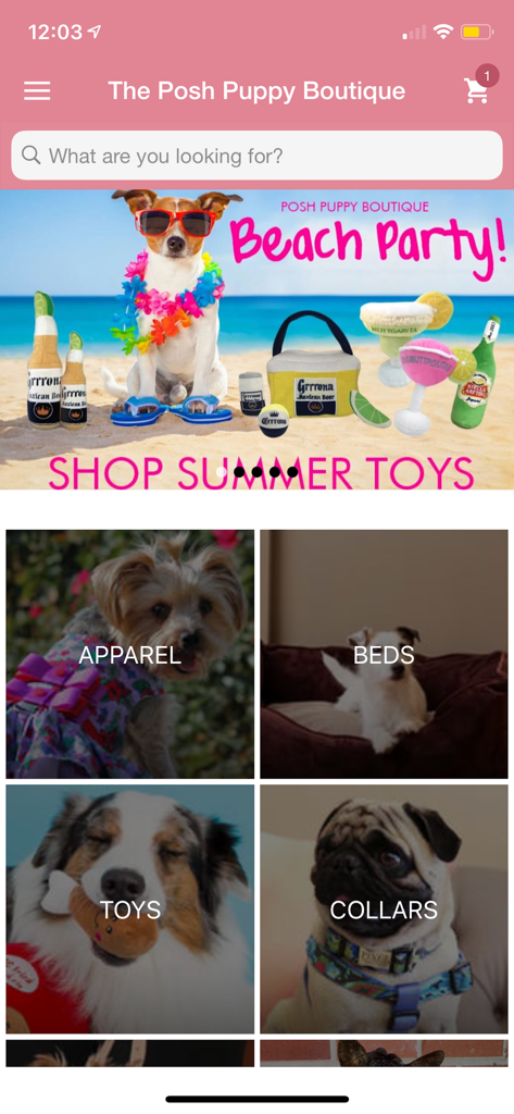 The Posh Puppy Boutique - Home screen of the Posh Puppy Boutique app featuring luxury pet apparel and summer dog toys