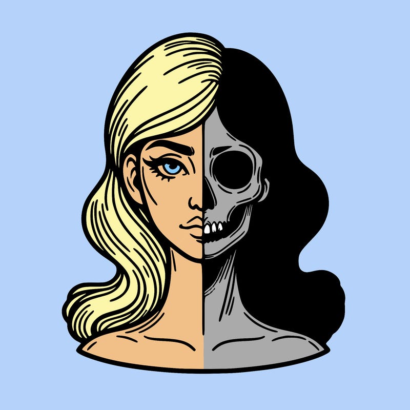 bust of a woman, half face and hair, half skull