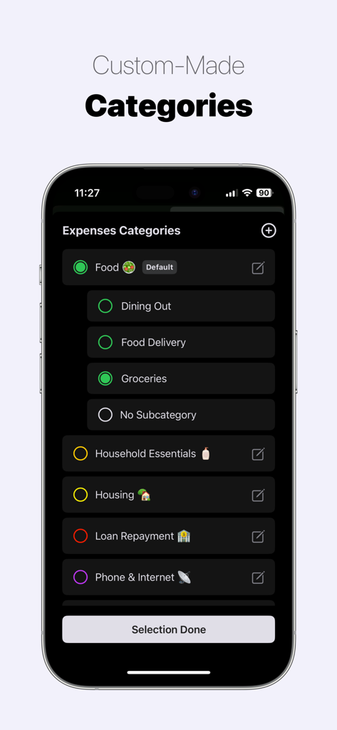 Money Keeper: Expenses Tracker - Money Keeper app screen displaying customizable expense categories and subcategories on an iPhone.