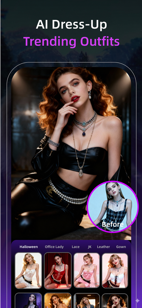 Pixnova: AI Photo&Video Maker - Interfaccia dell'app Pixnova che mostra la funzione AI Dress-Up con una varietà di outfit di tendenza e un'anteprima di prova virtuale per un utente femminile.