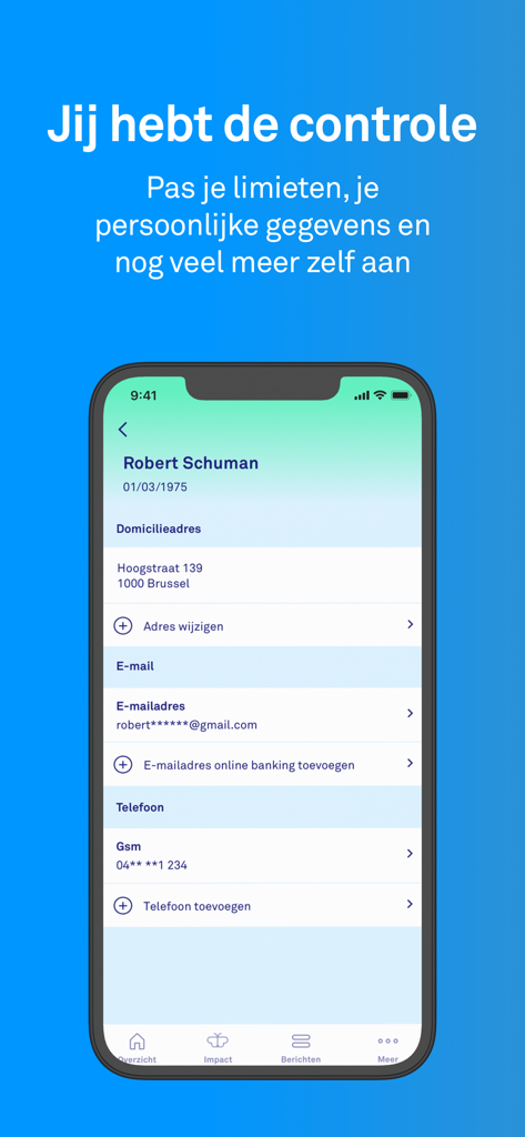 Triodos Banking BE - Pantalla de perfil de usuario en la aplicación Triodos Banking BE que muestra la gestión de datos personales e información de contacto