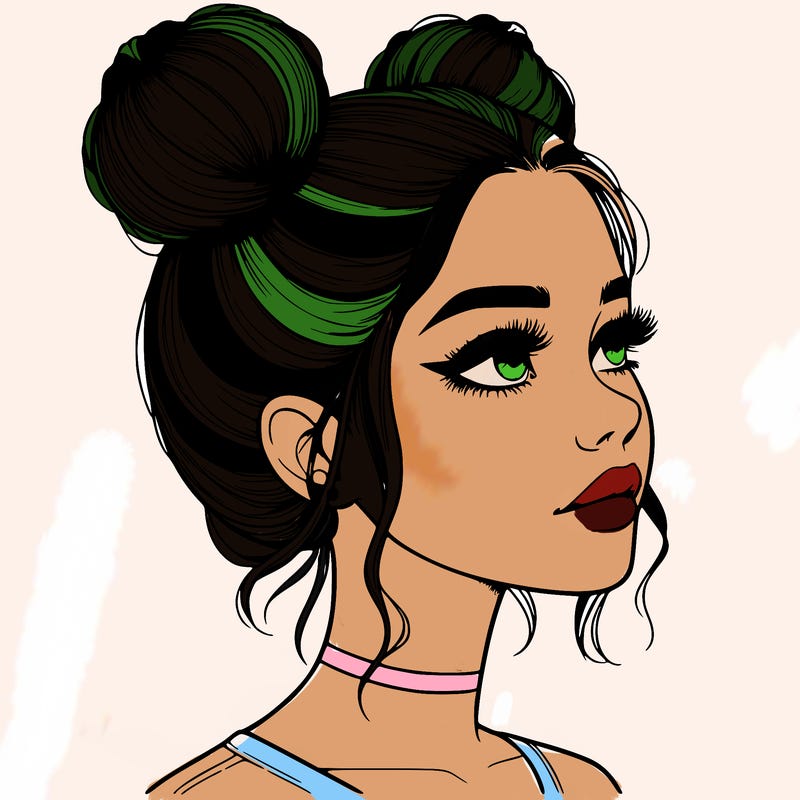 realistic girl with buns on the top of her head