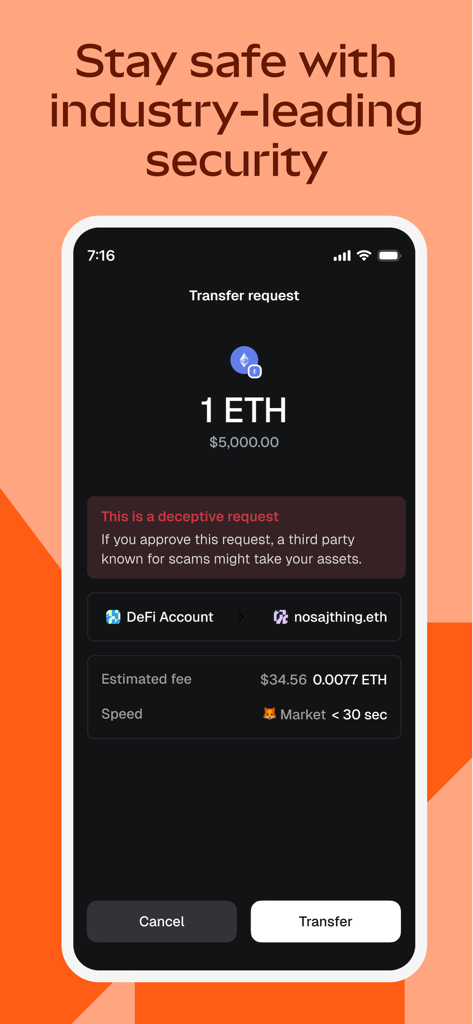 MetaMask: Crypto & Web3 Wallet - MetaMask 모바일 앱에서 기만적인 암호화폐 전송 요청에 대한 보안 경고 표시
