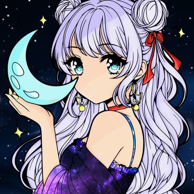 beautiful anime girl holding a moon