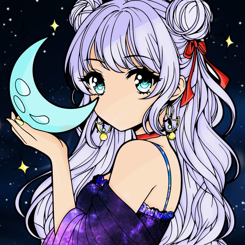 beautiful anime girl holding a moon