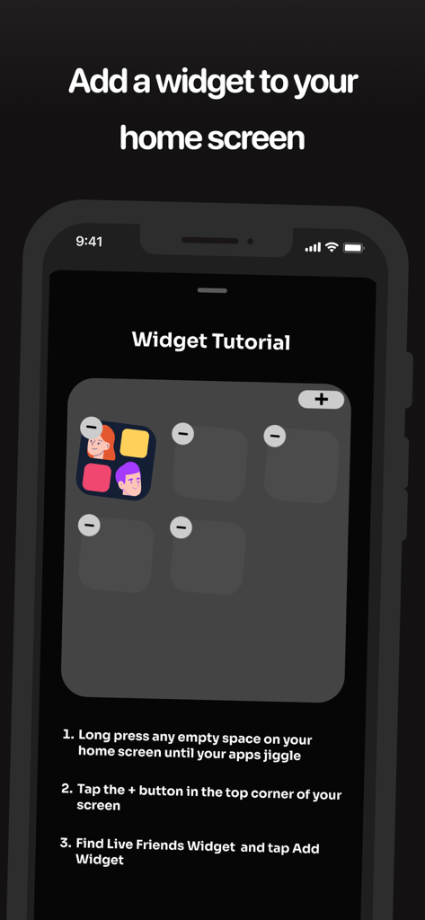 Comet: Live Friends Widget - Um tutorial visual passo a passo explicando como adicionar o Widget de Amigos em Tempo Real do Comet à tela inicial do iPhone