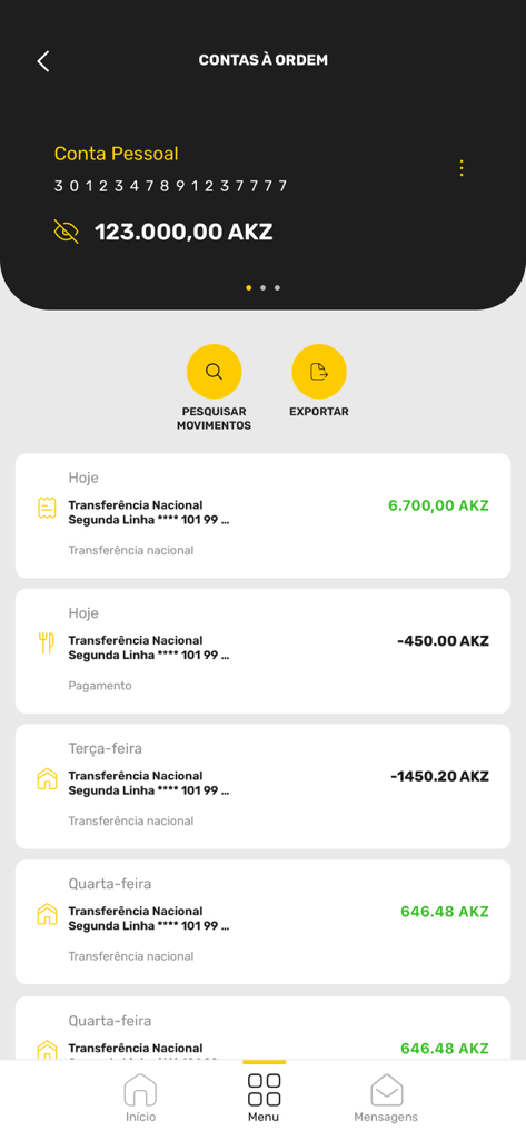 Sol Kumbu - Sol Kumbu mobile banking app display of personal account balance and transaction history in Angolan Kwanza