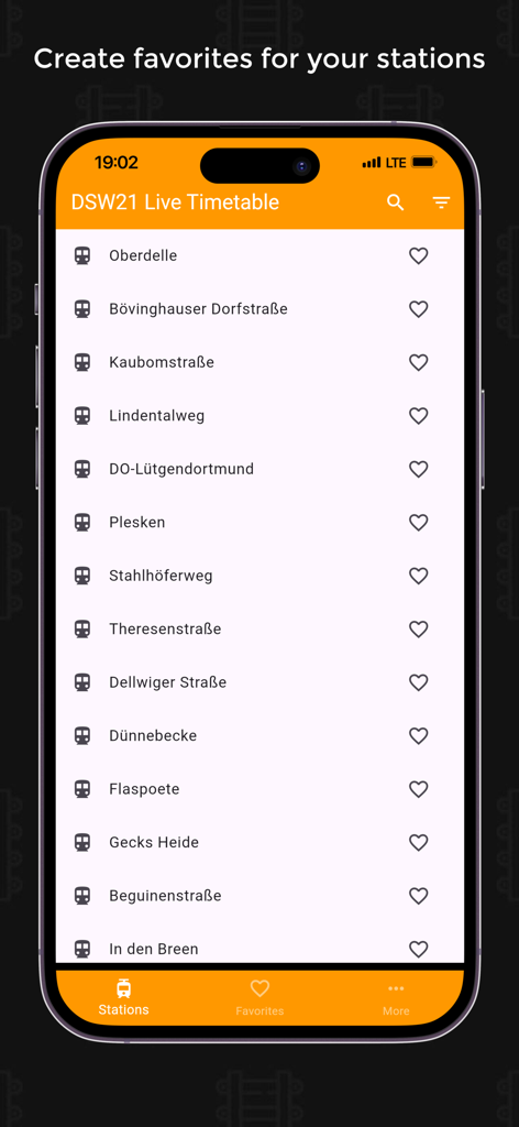 DSW21 Live Timetable - A list of public transit stations in Dortmund with heart icons to create favorites in the DSW21 app.