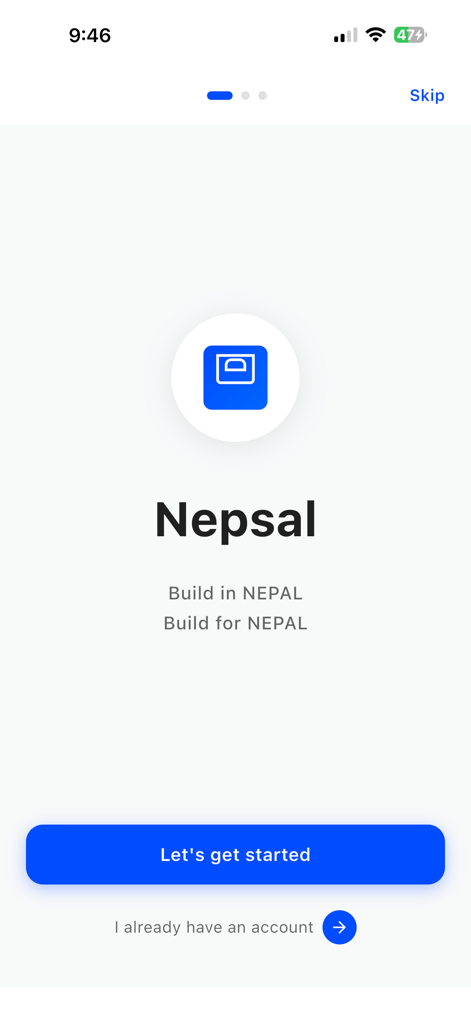 Welcome screen of the Nepsal app with the slogan Build in Nepal Build for Nepal and a get started button