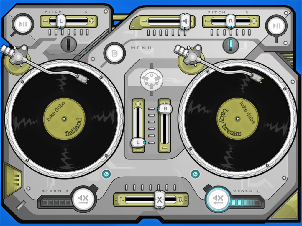 Baby Decks DJ - A top-down view of the Baby Decks DJ app interface featuring two virtual vinyl turntables with mixing and pitch controls