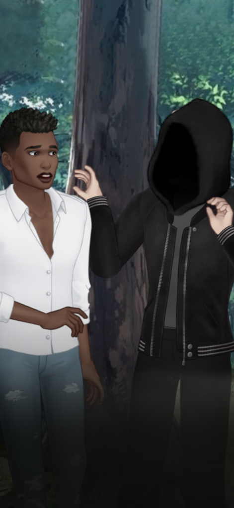 Secrets by Episode NETFLIX - Un personaggio reagisce con shock a una persona misteriosa che indossa un cappuccio nero in un'area boscosa.