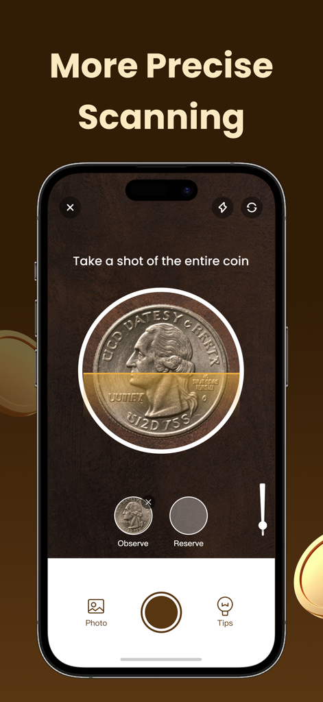 CoinSense: Coin Identifier - Tela de smartphone mostrando o aplicativo CoinSense digitalizando um quarto de dólar dos EUA para identificação com o título Digitalização Mais Precisa