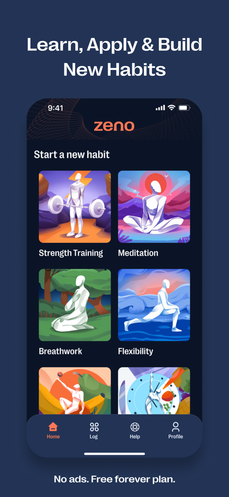 Zenoアプリのインターフェース。筋力トレーニング、瞑想、呼吸法、柔軟性の習慣カテゴリを表示。
