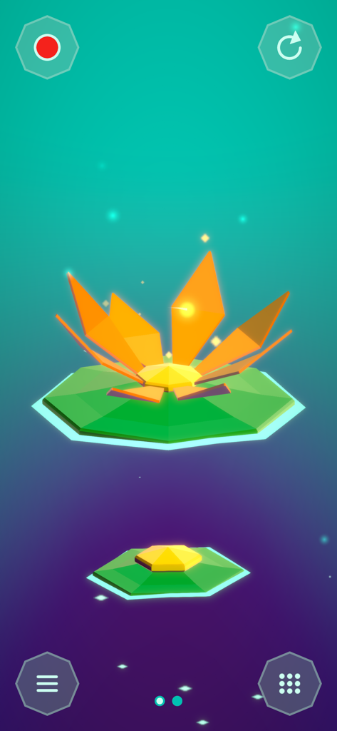 Lily - Playful Music Creation - A glowing geometric orange lily flower on a green lily pad in a minimalist music app