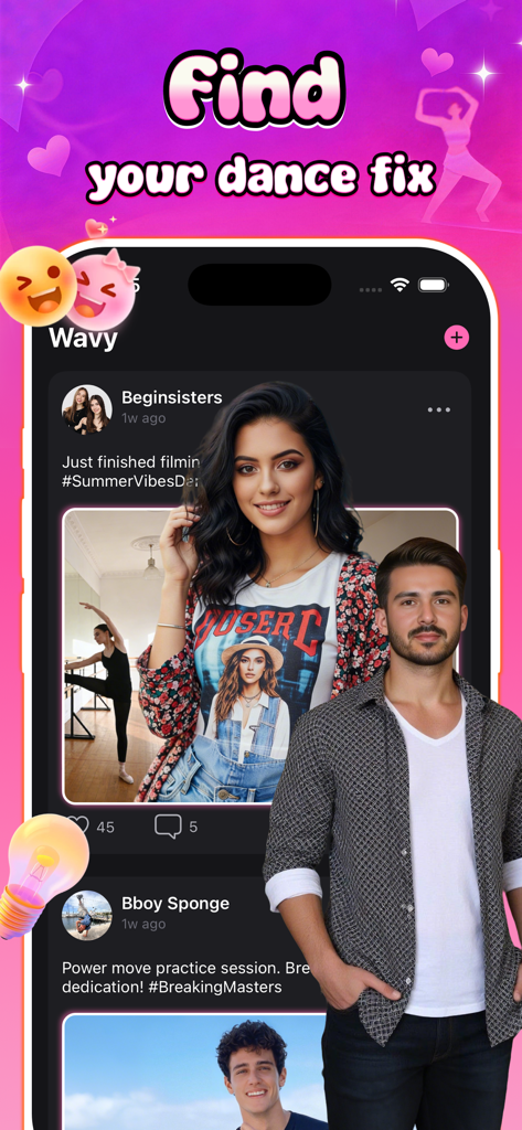 Wavy - video - Wavy mobile app screen showing a feed of dance video posts and the slogan Find your dance fix