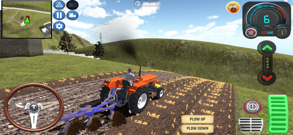 Tractor Forest Farm Simulator - Un tractor naranja arando un campo en un juego móvil de simulación de agricultura en 3D