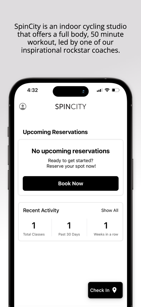 SpinCity 11762 - SpinCity app interface showing the dashboard with options to book a class and view recent activity
