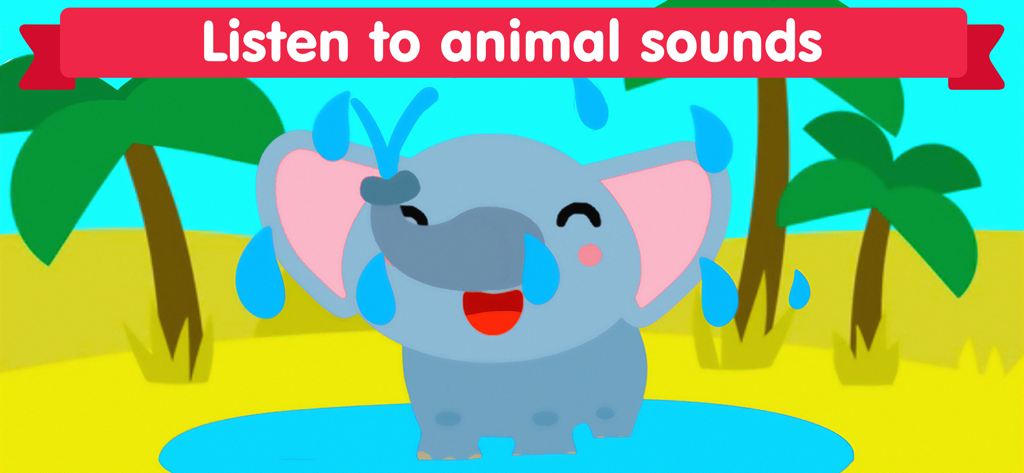 A cute cartoon elephant splashing in water with a banner that says Listen to animal sounds