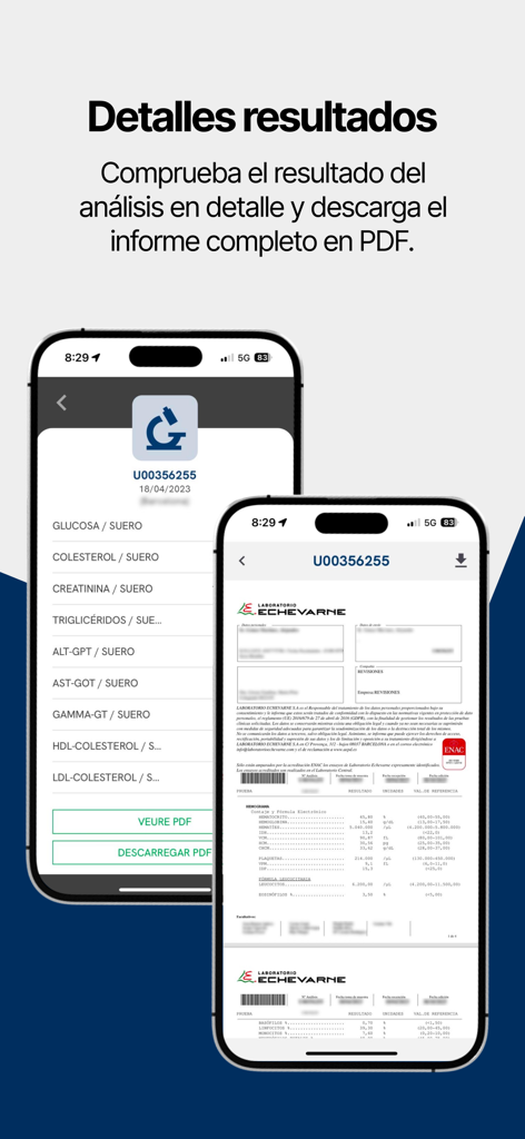 Capture d'écran de l'application mobile affichant les résultats détaillés des analyses cliniques et une option de téléchargement du rapport PDF.