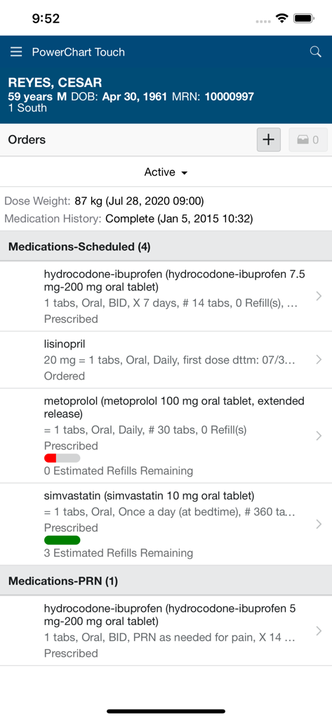PowerChart Touch - Patient medication orders list on the PowerChart Touch mobile app showing scheduled and PRN prescriptions