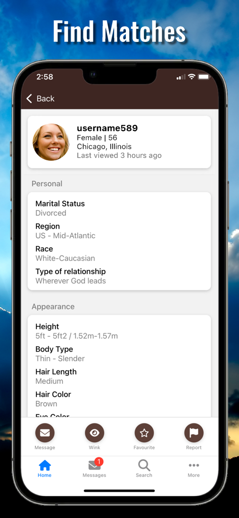A detailed user profile on the ChristianCafe dating app showing personal information and appearance traits
