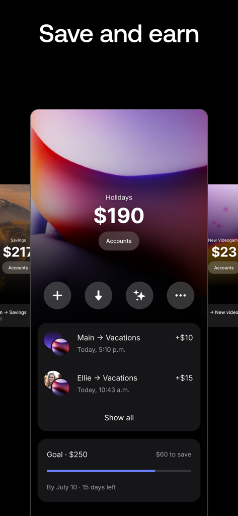 Aplicación Revolut para finanzas de adolescentes que muestra el objetivo de ahorro de vacaciones y el seguimiento del progreso