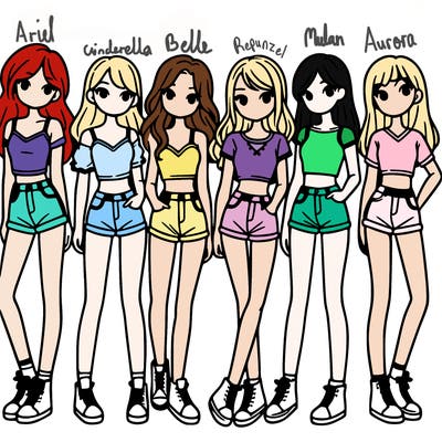a group of girls wearing crop tops and shorts