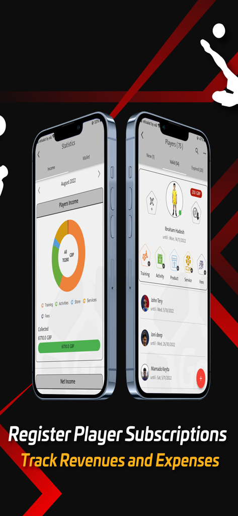 GoSports Network - Pantallas de la aplicación GoSports Network mostrando estadísticas de ingresos y gestión de suscripciones de jugadores