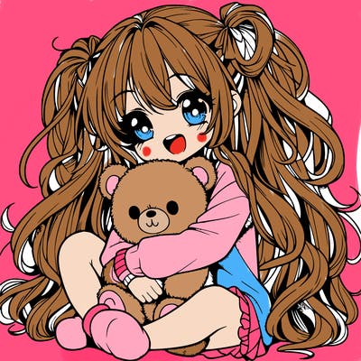 manga girl, long curly hair, happy, cuddling a teddy bear
