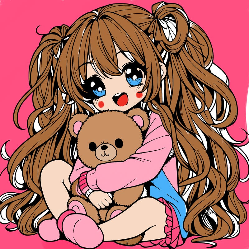 manga girl, long curly hair, happy, cuddling a teddy bear