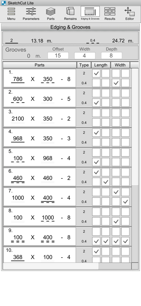 SketchCut Lite - The edging and grooves settings interface in the SketchCut Lite app showing a table of parts with dimensions and edge banding specifications