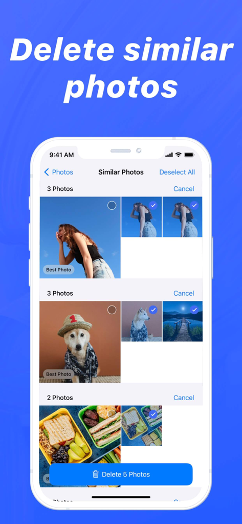 Easy Cleaner 앱 인터페이스, iPhone 저장 공간 확보를 위해 선택된 유사한 사진 그룹 표시