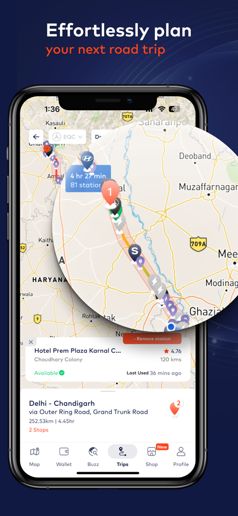 Statiq: EV Charging Stations - Interfaz de la aplicación móvil que muestra un viaje por carretera planificado de vehículos eléctricos de Delhi a Chandigarh con estaciones de carga mapeadas a lo largo de la ruta.